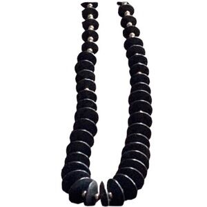 AofII Vintage Estate Black Disc Silver Beaded Necklace 80’s Jewelry